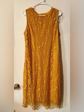 NWT Sharagano Midi Golden Yellow Lace Sheath Dress